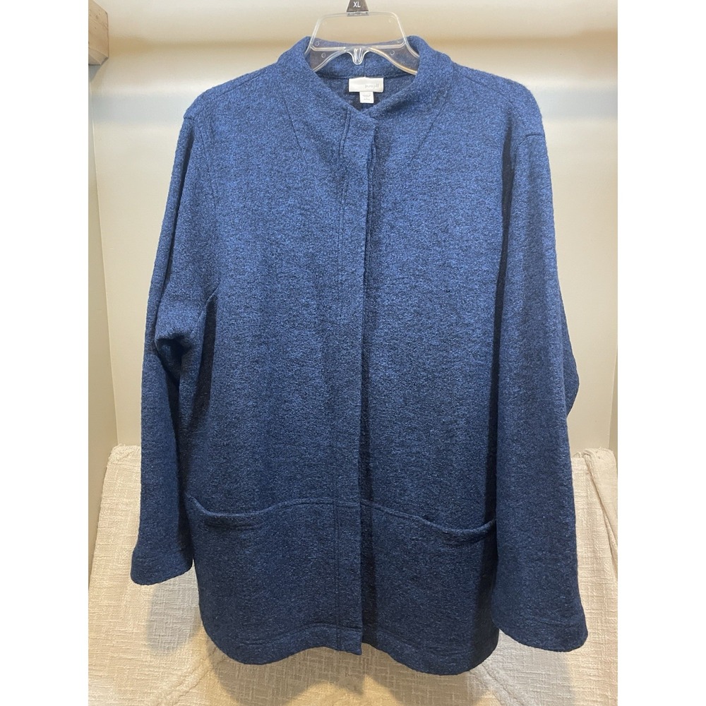 Pure Jill Sweater Blue Wool Blend Mock Neck Cardigan Knit Jacket Car Coat PL